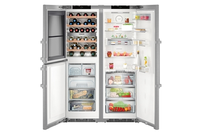 Side by side cu vitrina vinuri Liebherr PremiumPlus SBSes 8496, NoFrost, BioFresh, 645 l, Clasa D, argintiu